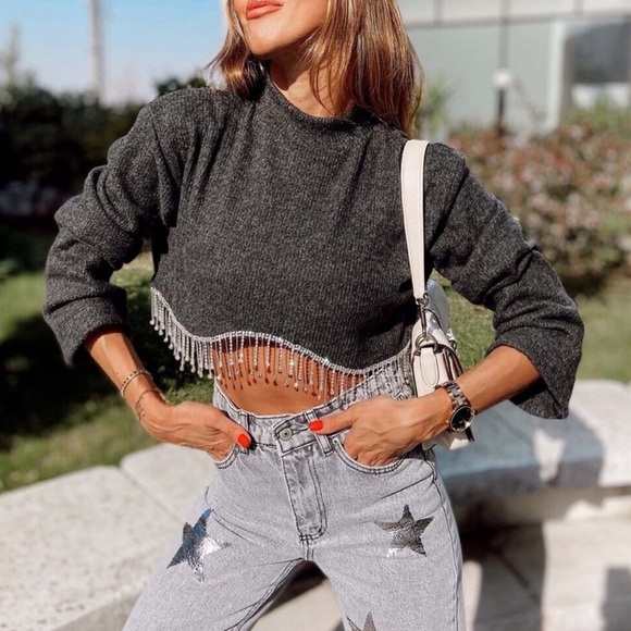 BNWT Zara Drip Rhinestone Crop Sweater! - Picture 4 of 10